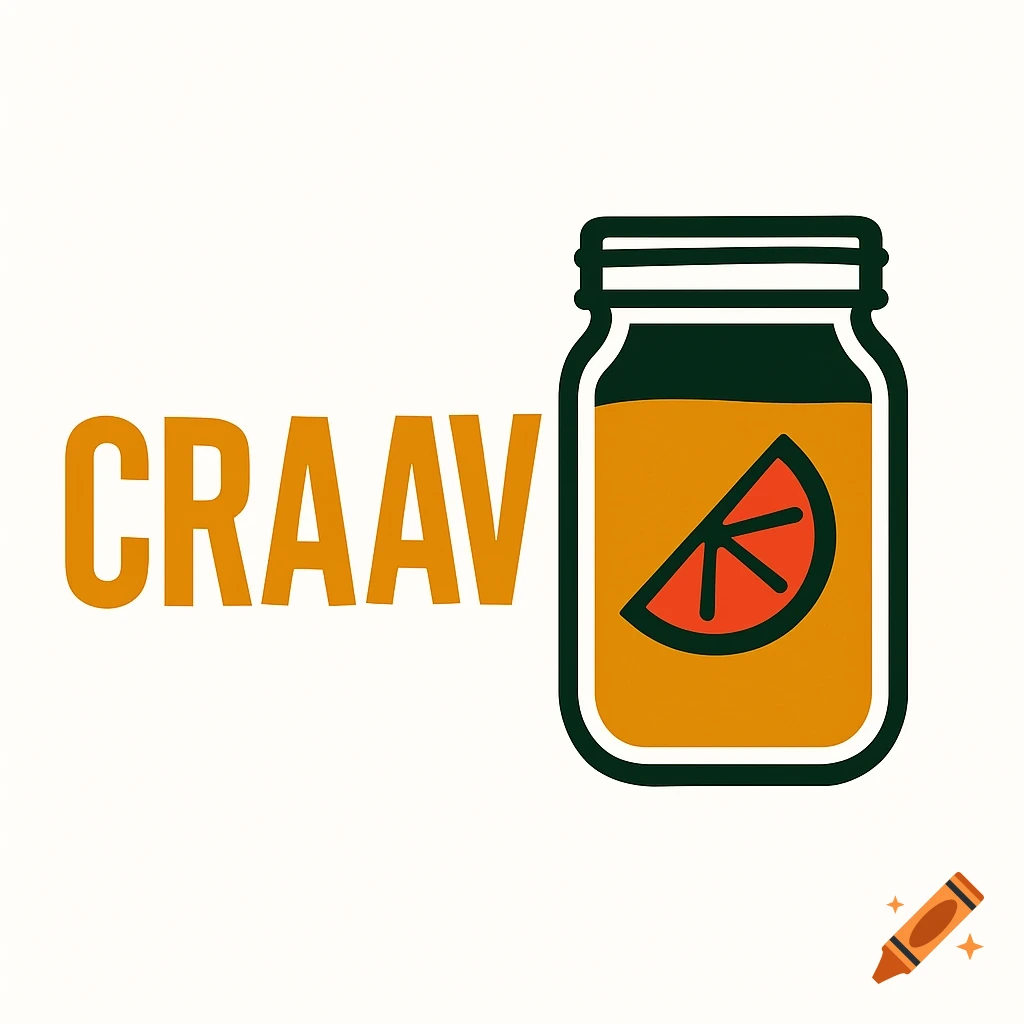 A bold logo for 'CRAAV' featuring the orange text 'CRAAV' next to a mason jar filled with orange liquid and a red fruit slice. The jar has a dark green top and outline, all on a white background.