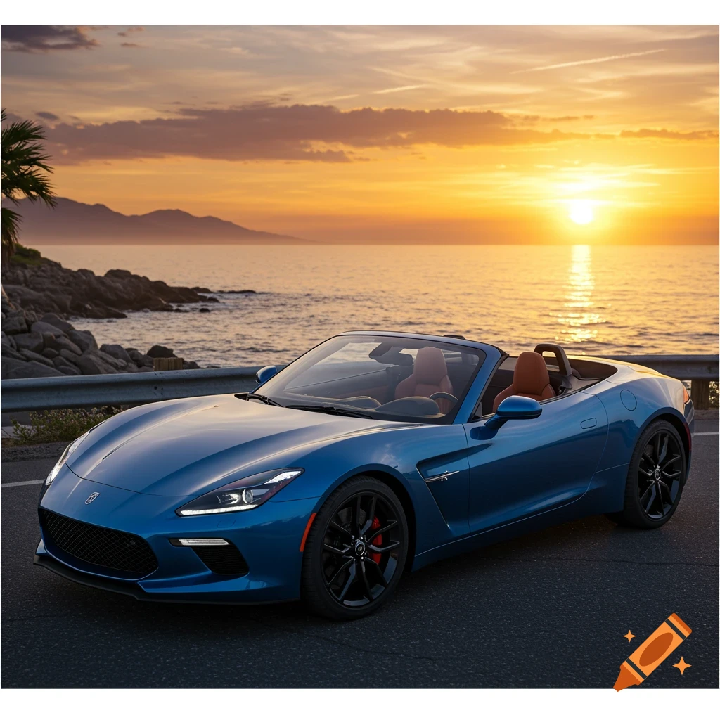 A blue convertible sports car parked on a road next to the ocean at sunset, with mountains in the background.