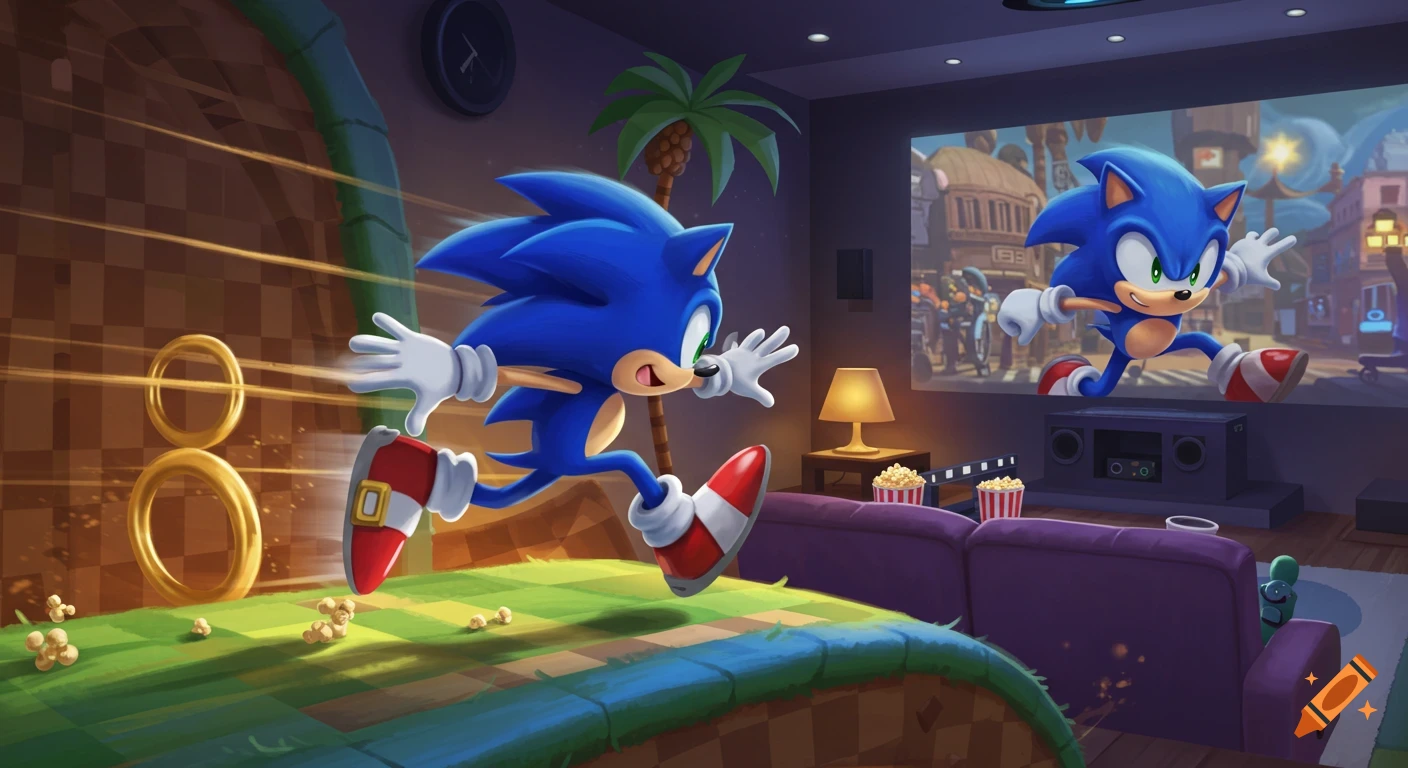 Energetic Sonic the Hedgehog leaps from a green hill zone into a cozy living room with another Sonic on a large TV screen.