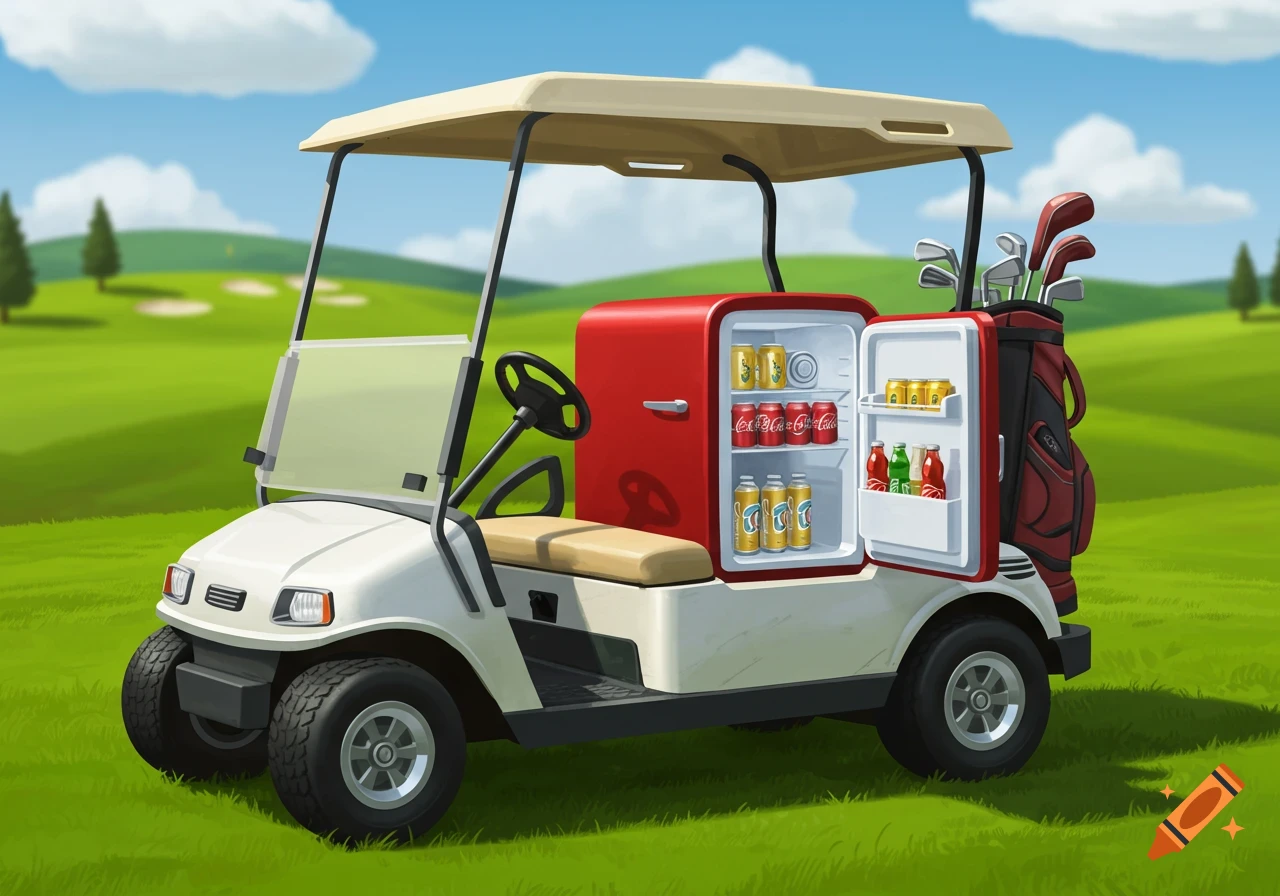 Cartoon golf cart with an open red mini-fridge full of drinks on a golf course under a blue sky.