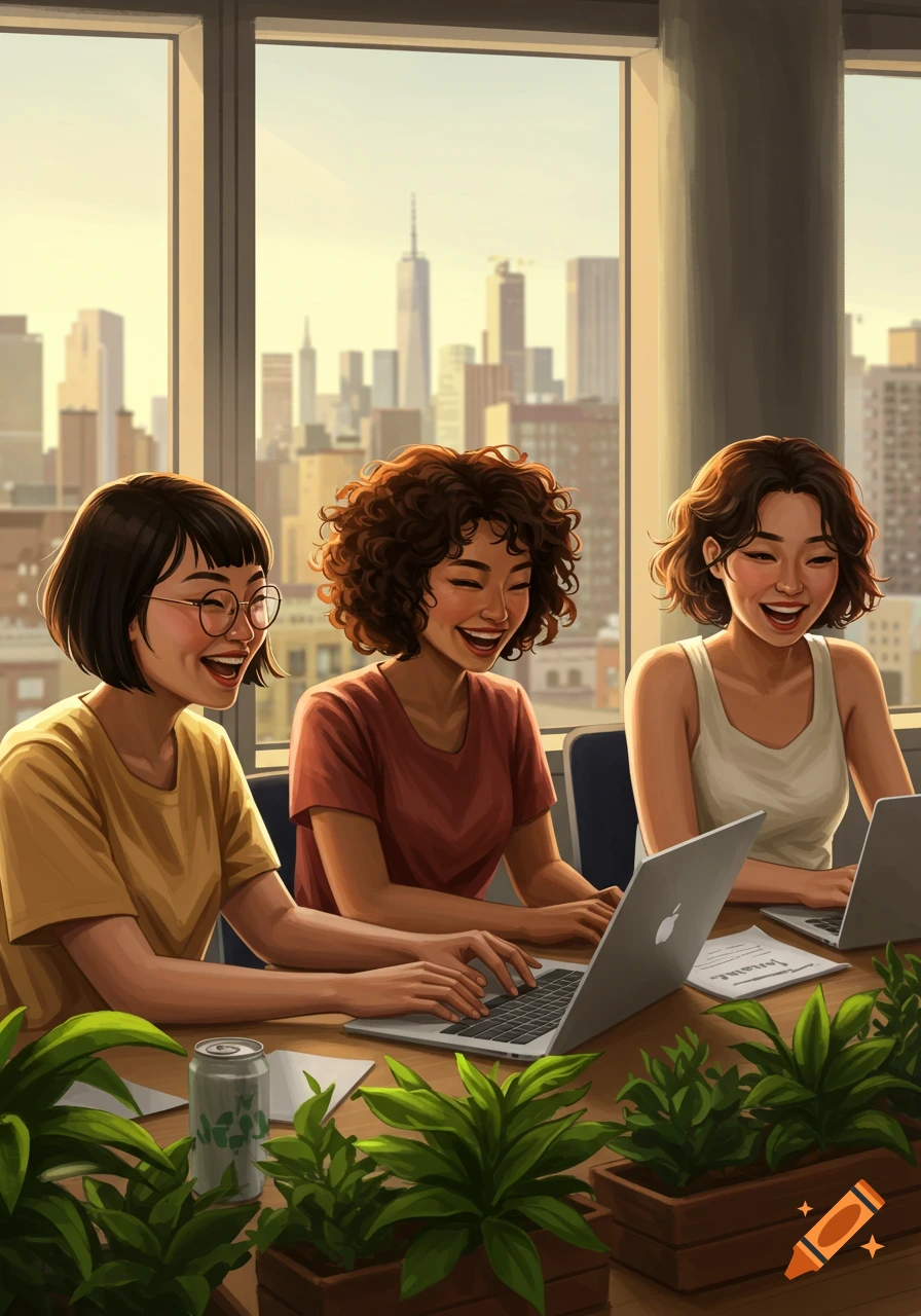 Three smiling women work on laptops at a table in a bright office with a city view, in an illustration style.