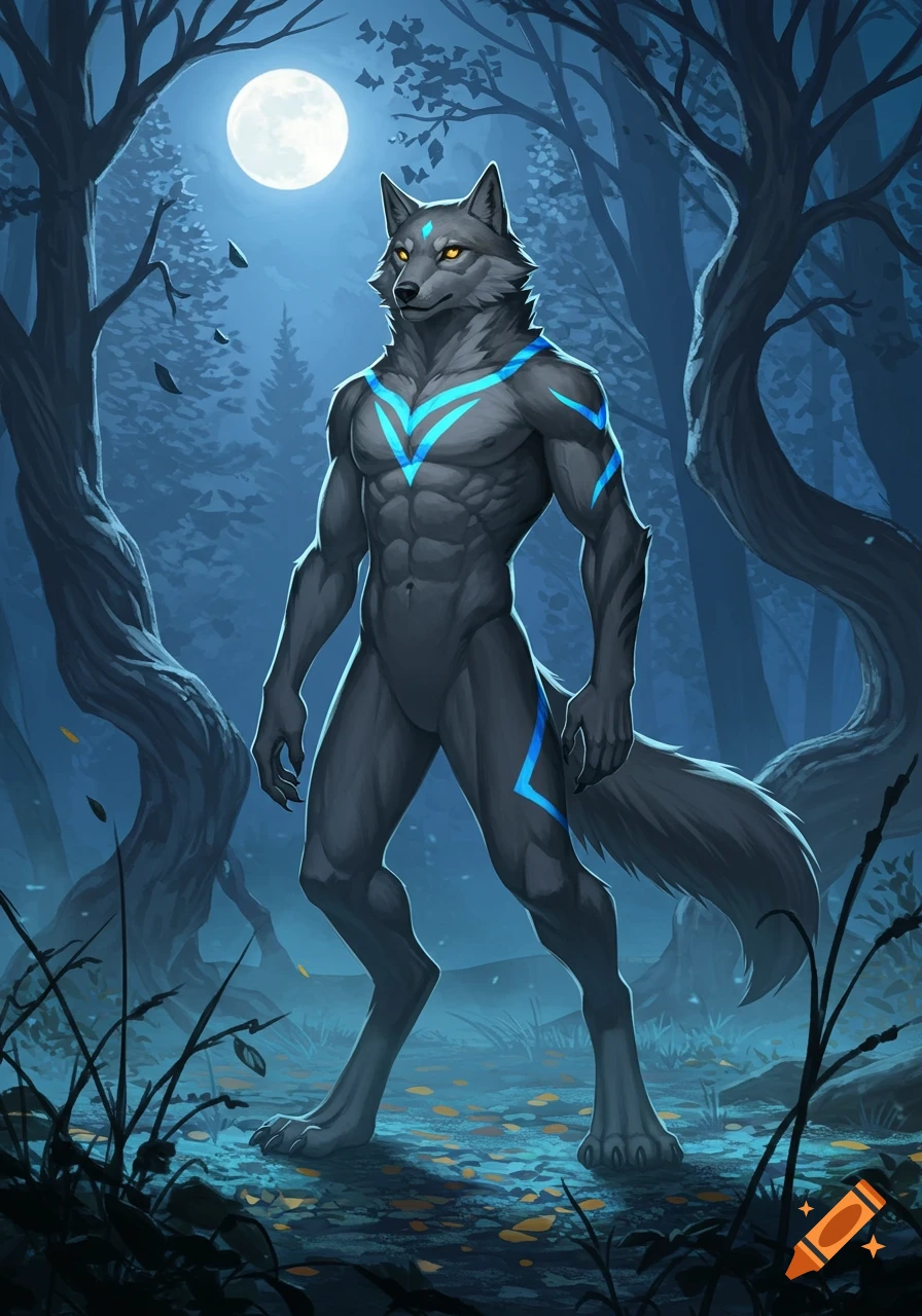 A strong grey humanoid wolf with glowing blue markings and golden eyes stands in a dark forest under a bright full moon, digital art.