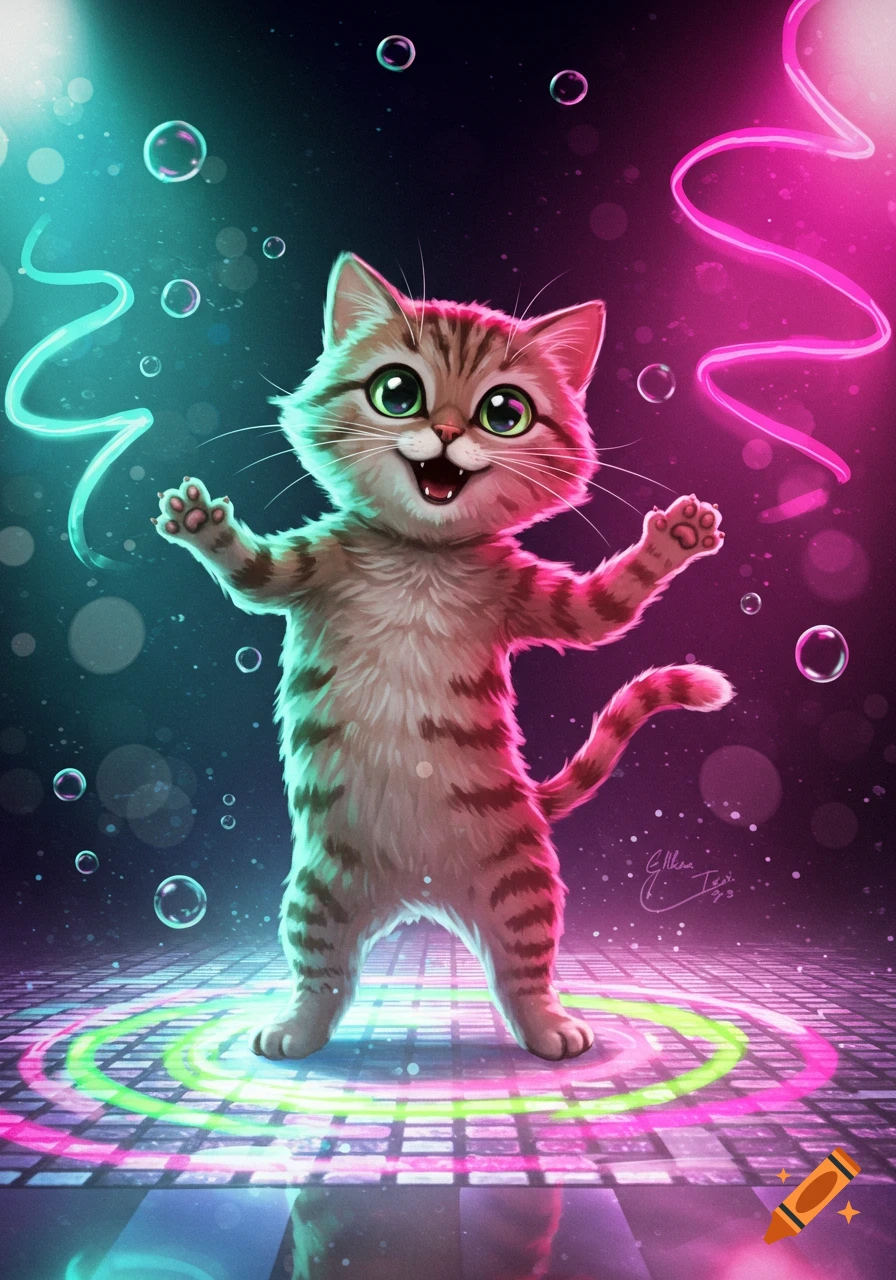 A cute cartoon tabby cat with big green eyes dancing on a neon-lit disco floor with bubbles and swirls.