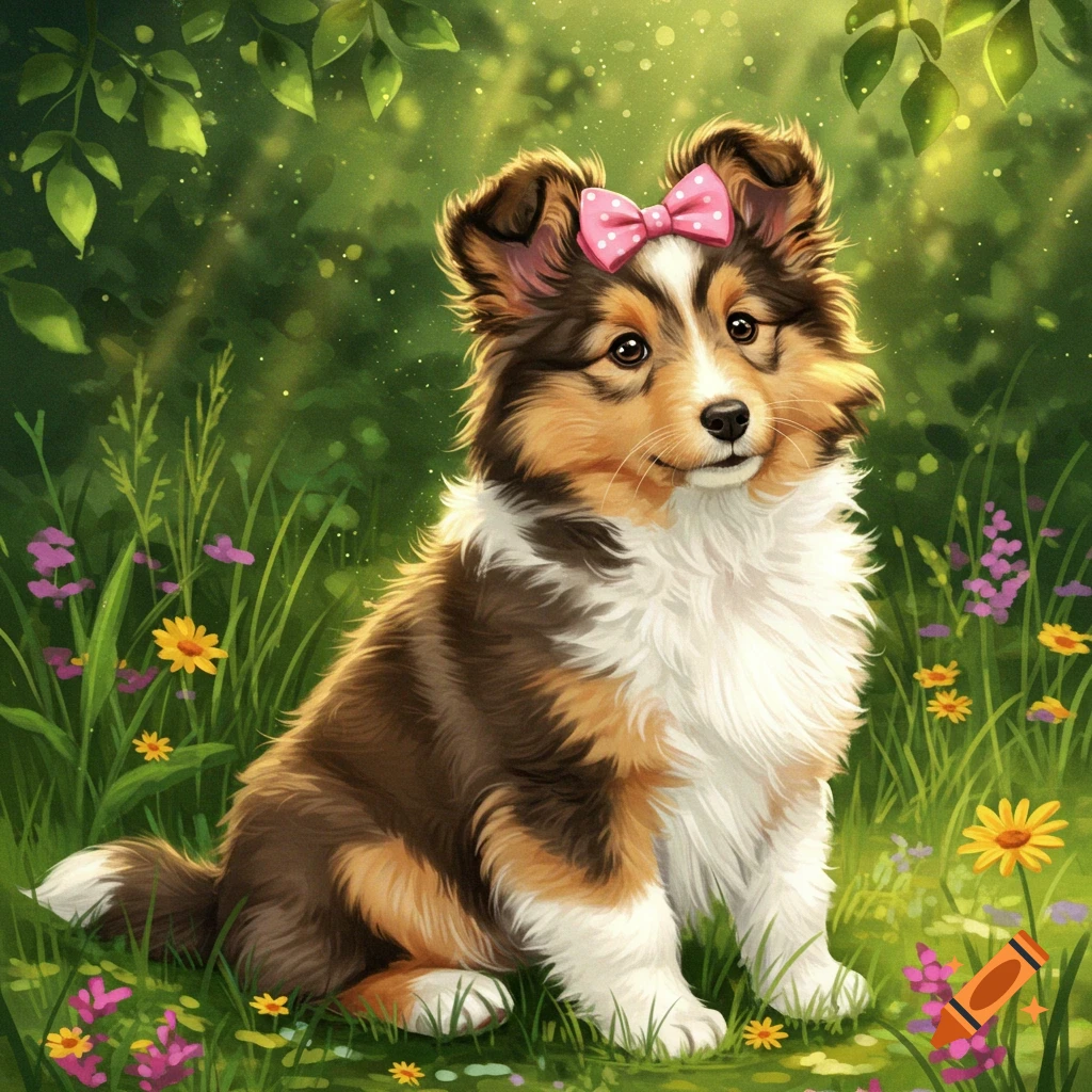 A cute Sheltie puppy with a pink bow sits in a sunny green field with colorful flowers, digital art.