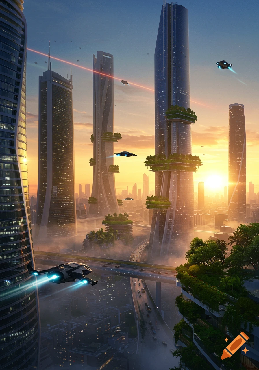 A vibrant futuristic cityscape at sunset, featuring towering, eco-friendly skyscrapers with green terraces, and flying vehicles traversing a complex urban landscape.
