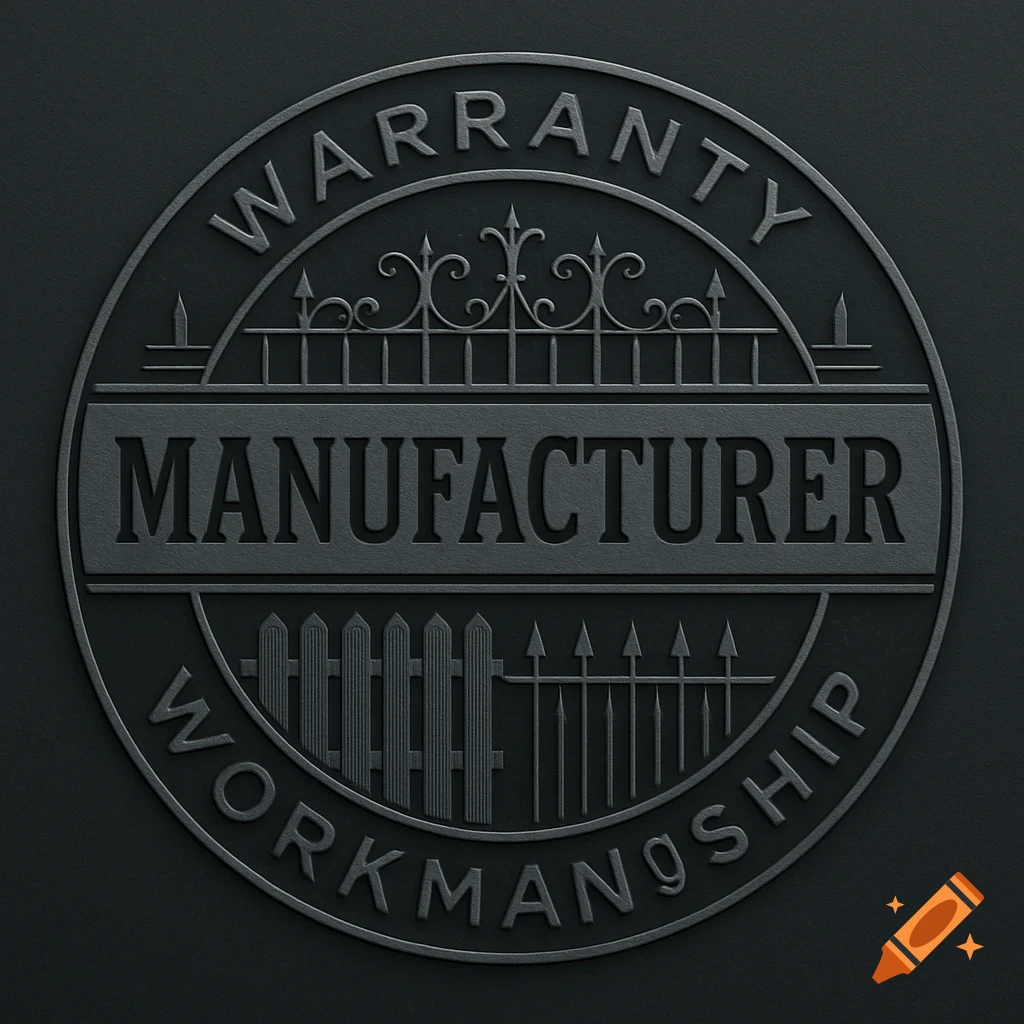 A dark gray embossed circular warranty seal featuring 'WARRANTY,' 'MANUFACTURER,' and 'WORKMAN9HIP' text with decorative fencing motifs.