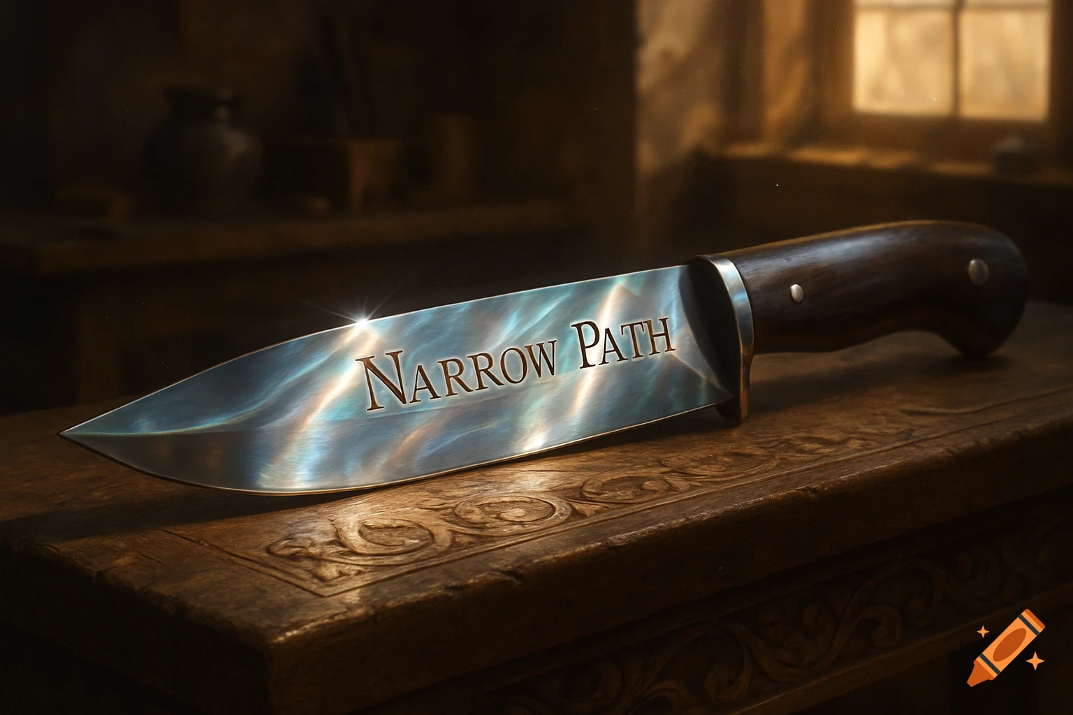 A close-up of a shiny metal knife with 'Narrow Path' engraved on its blade, resting on an ornate wooden table.