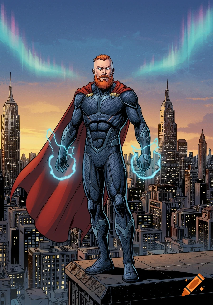 A comic book style illustration of a red-bearded superhero in a dark suit and red cape, standing on a skyscraper rooftop with a city skyline and aurora in the background.