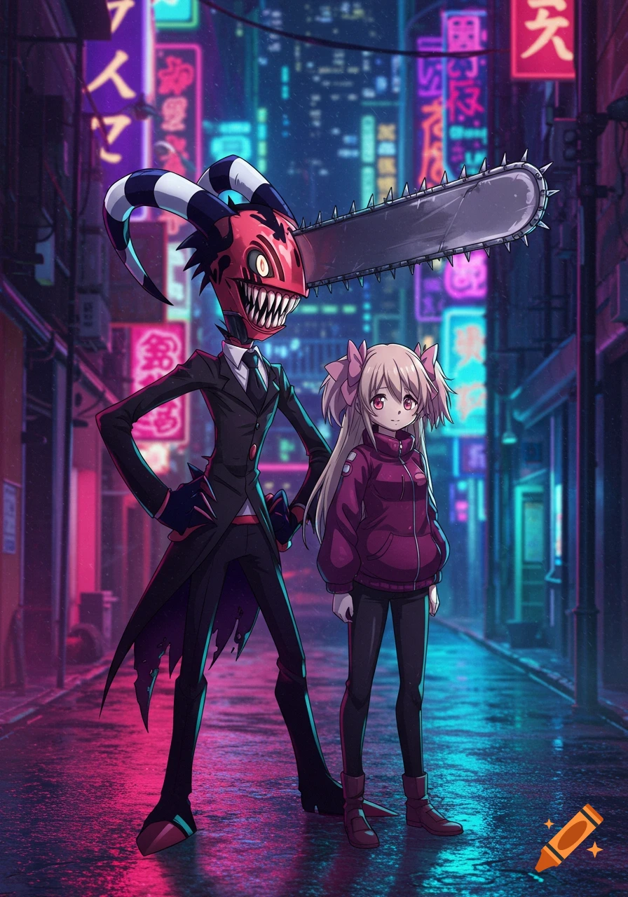 Blitzo with a chainsaw head and a girl with pink bows stand on a wet neon-lit city street at night in an anime style.
