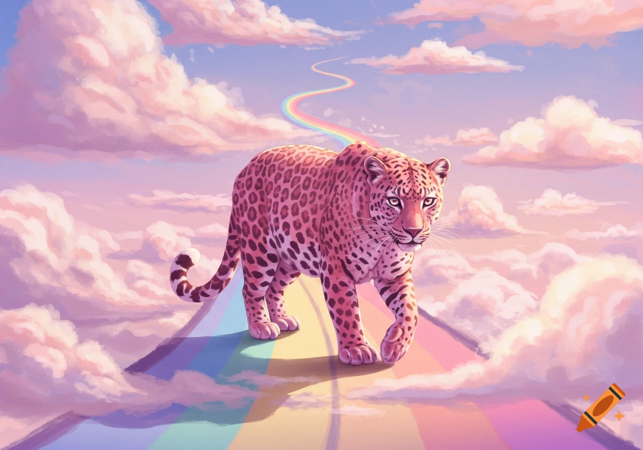 A pink leopard walks on a rainbow road among pastel pink and purple clouds in a whimsical illustration.