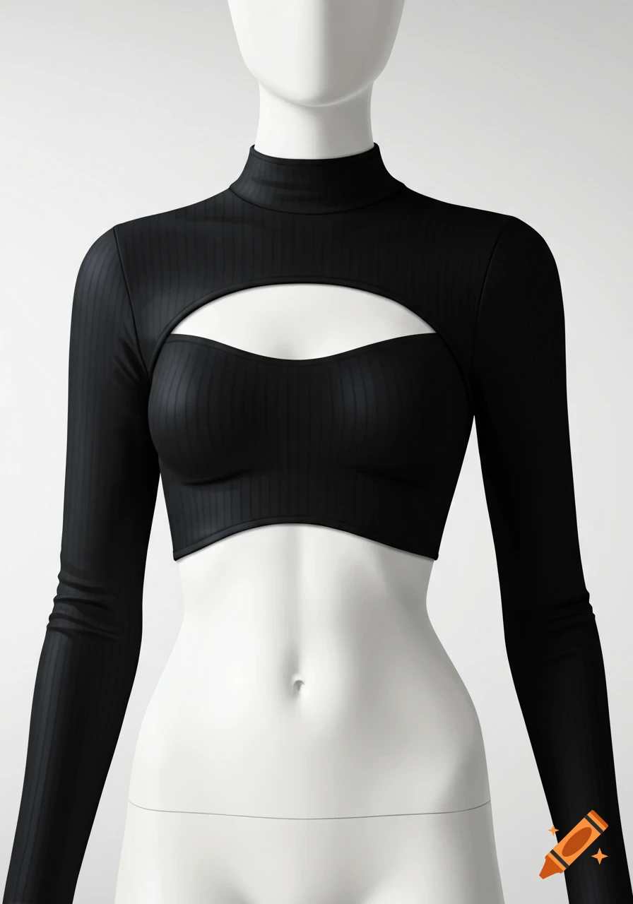Female mannequin torso in a black ribbed long-sleeve crop top with a chest cutout, stylized digital illustration.