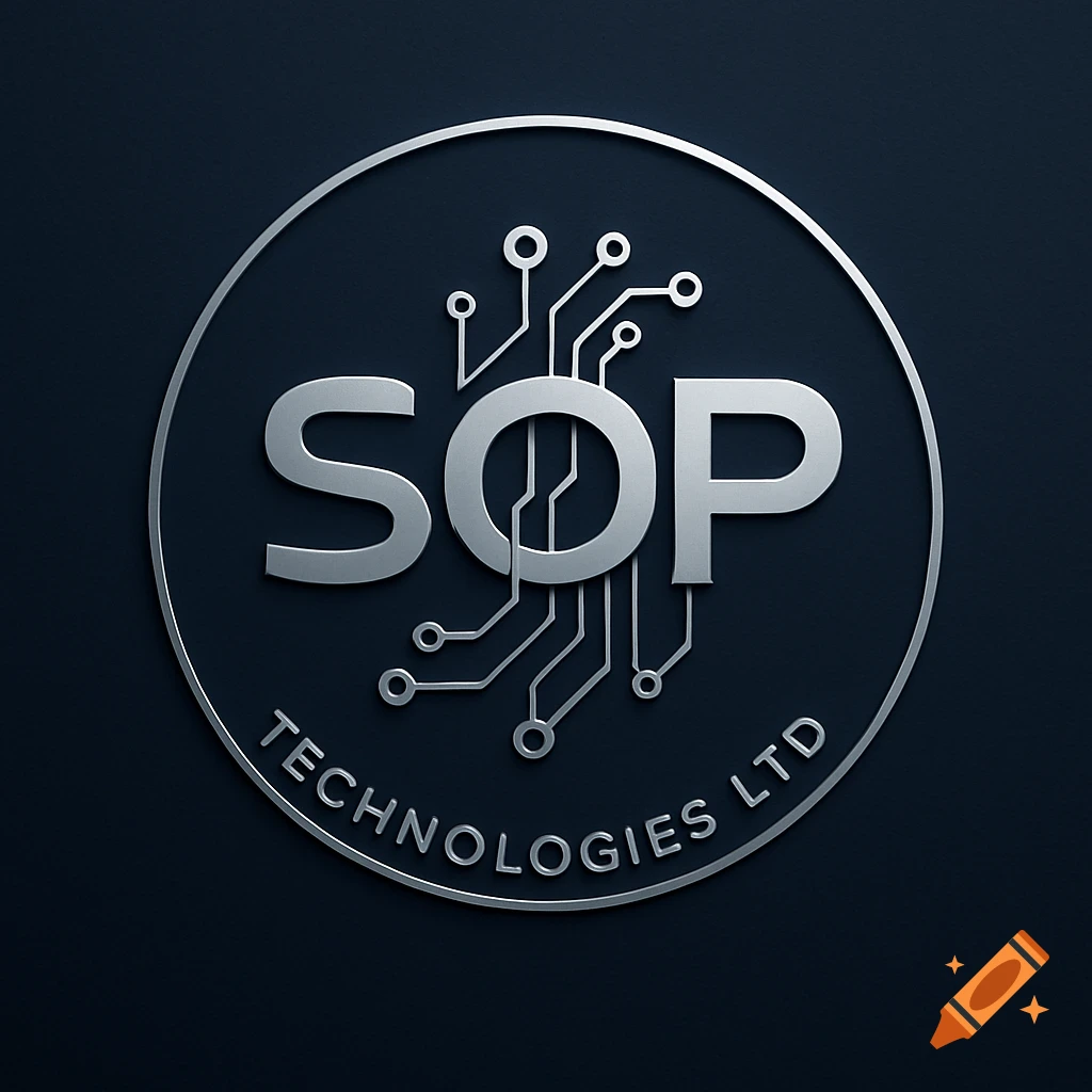 A silver metallic circular logo with 'SOP' in the center, integrated with circuit board lines, and 'TECHNOLOGIES LTD' curved below, all on a dark background.