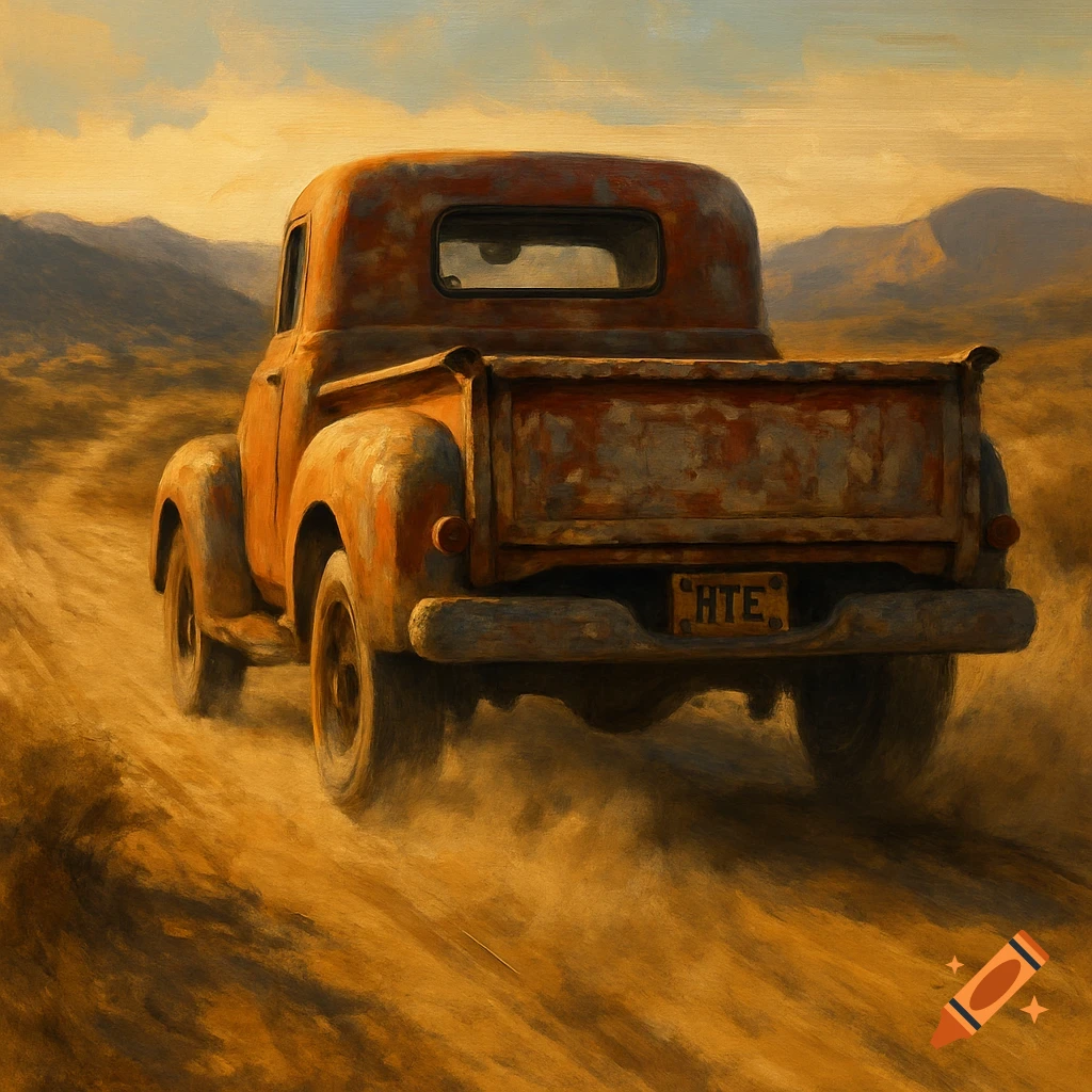 A rusty, old orange pickup truck kicks up dust on a dirt road in a dry, mountainous landscape, painted in an impressionistic style.