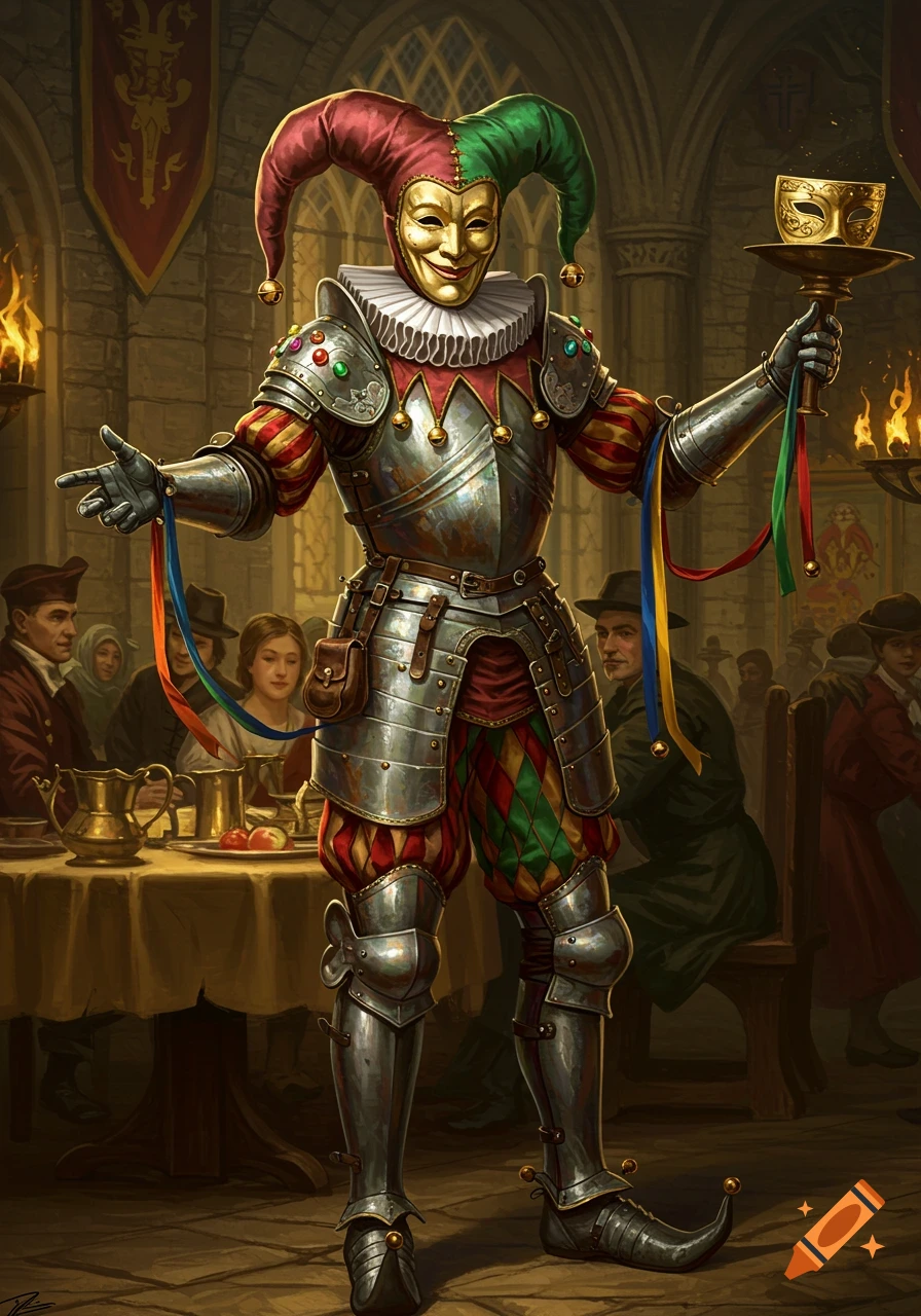 A jester in colorful armor and a golden mask stands in a medieval hall, holding a mask on a stand.