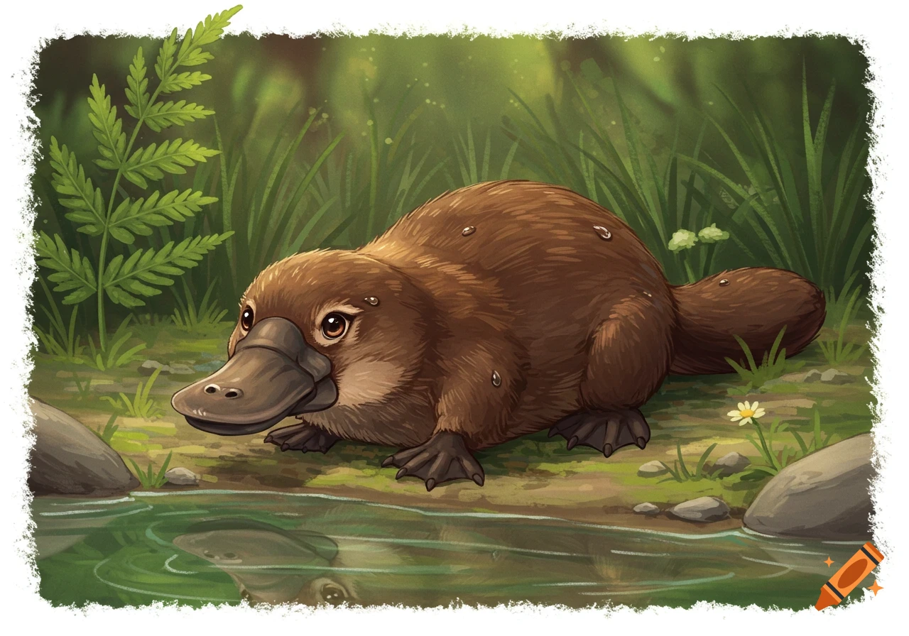 A cute illustrated platypus with water droplets on its fur sits by a forest stream.