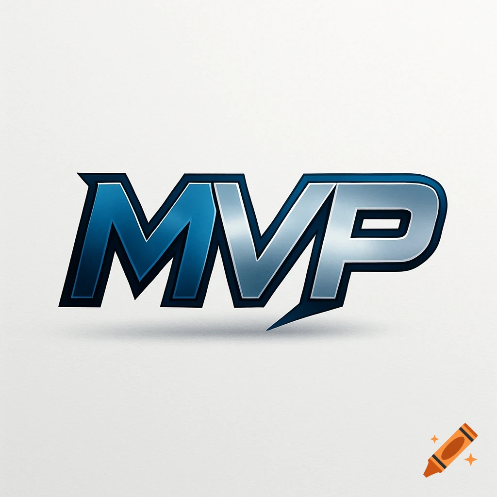 Stylized 'MVP' logo with blue and silver metallic letters and a dark outline on a white background.