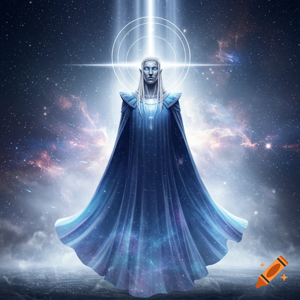 An ethereal figure with white hair and glowing eyes in a blue cape, standing against a star-filled galaxy with bright light emanating from above.