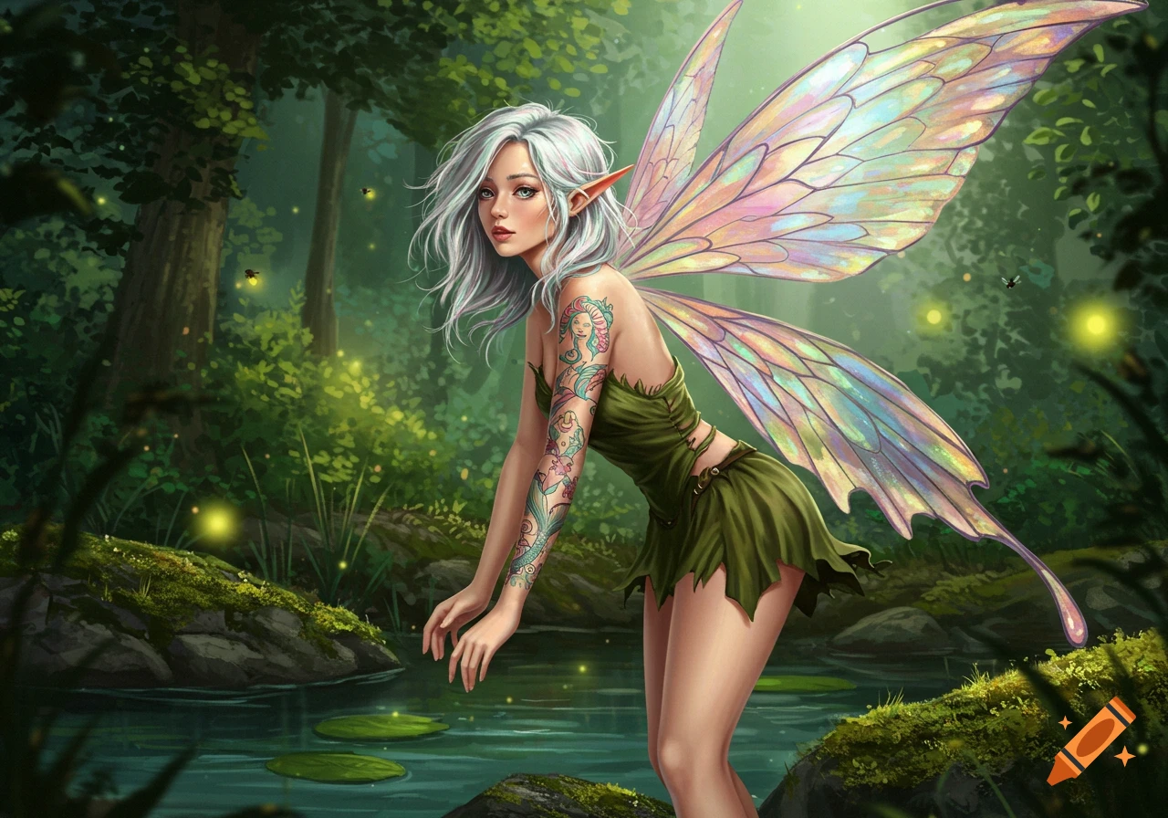 A white-haired fairy with colorful iridescent wings and a mermaid tattoo on her arm stands by a forest stream with glowing fireflies.