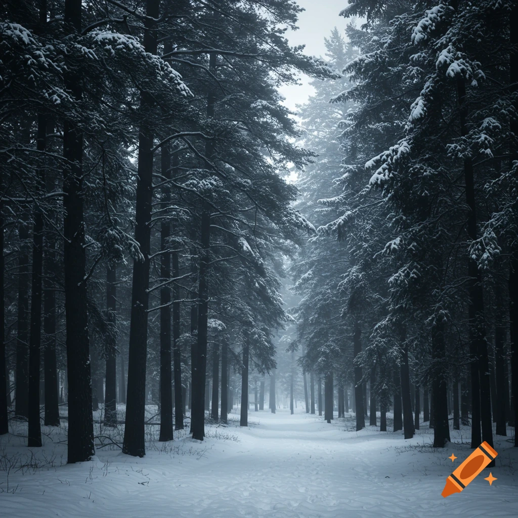 Snowy path winding through a dense, dark pine forest in winter.