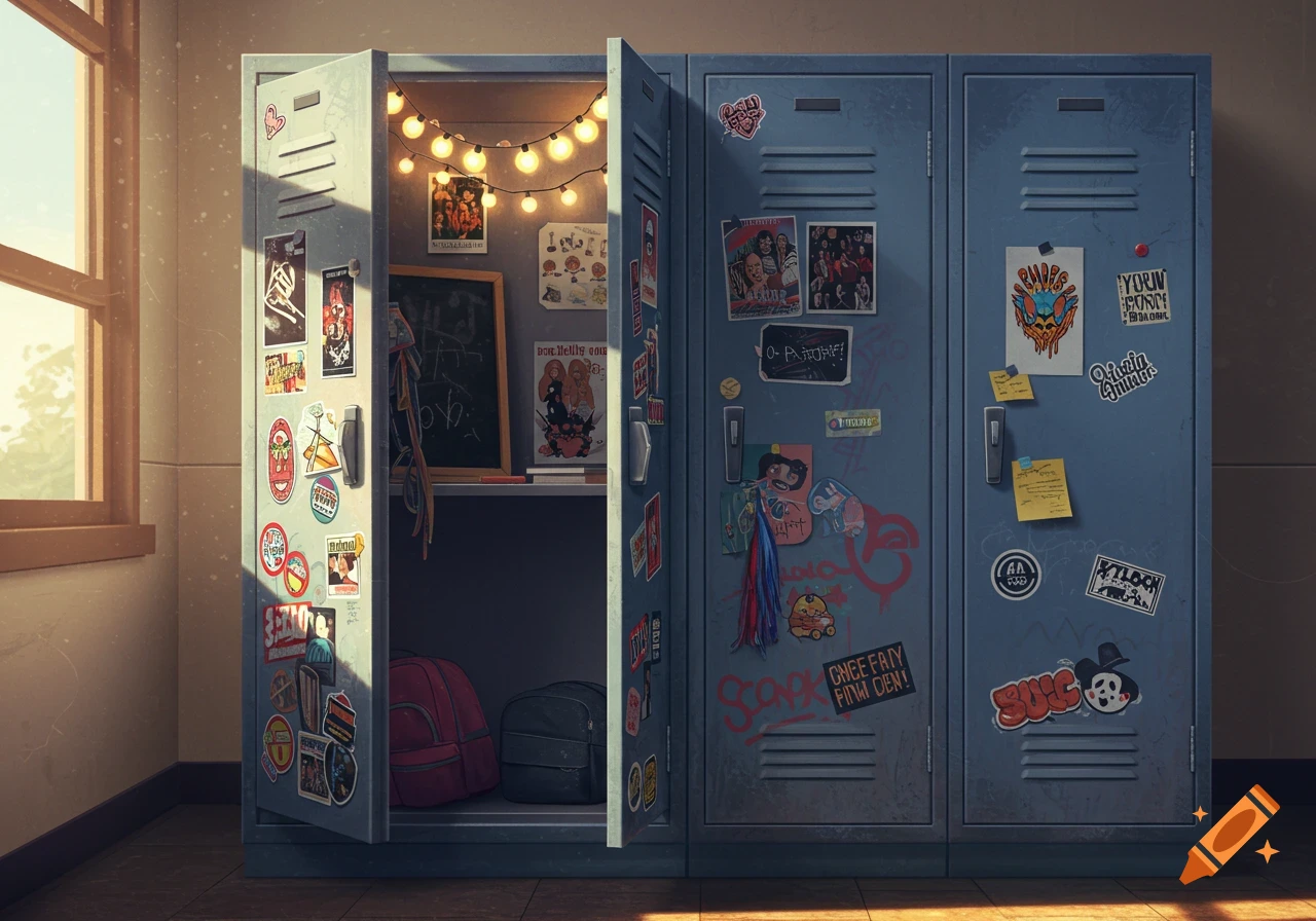An open decorated school locker and two closed lockers in a hallway, lit by sunlight from a nearby window. The lockers are covered in stickers and graffiti.