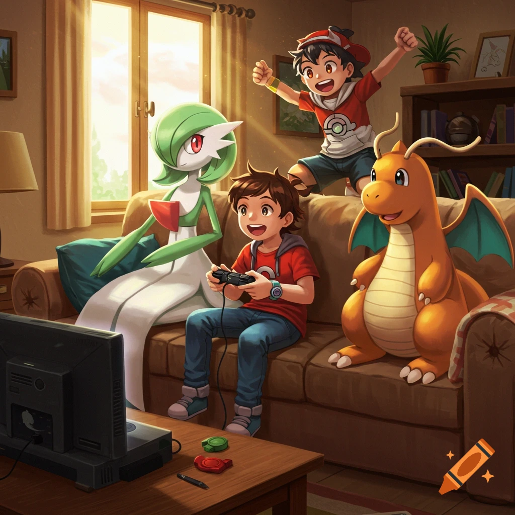 Two boys and two Pokemon, Gardevoir and Dragonite, play video games on a couch in a sunlit living room.
