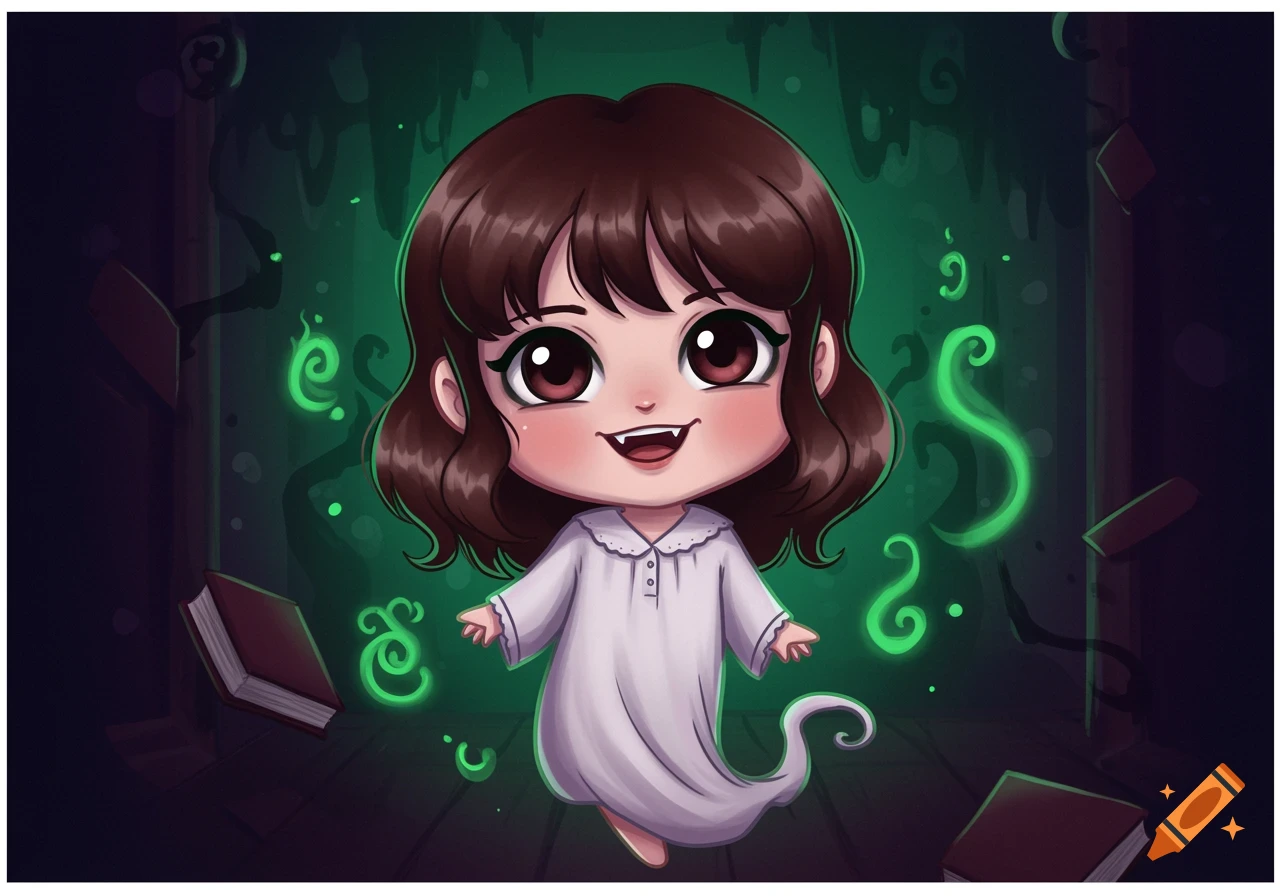 Chibi girl with fangs in a white nightgown floats amidst green glowing energy and books in a dark room.