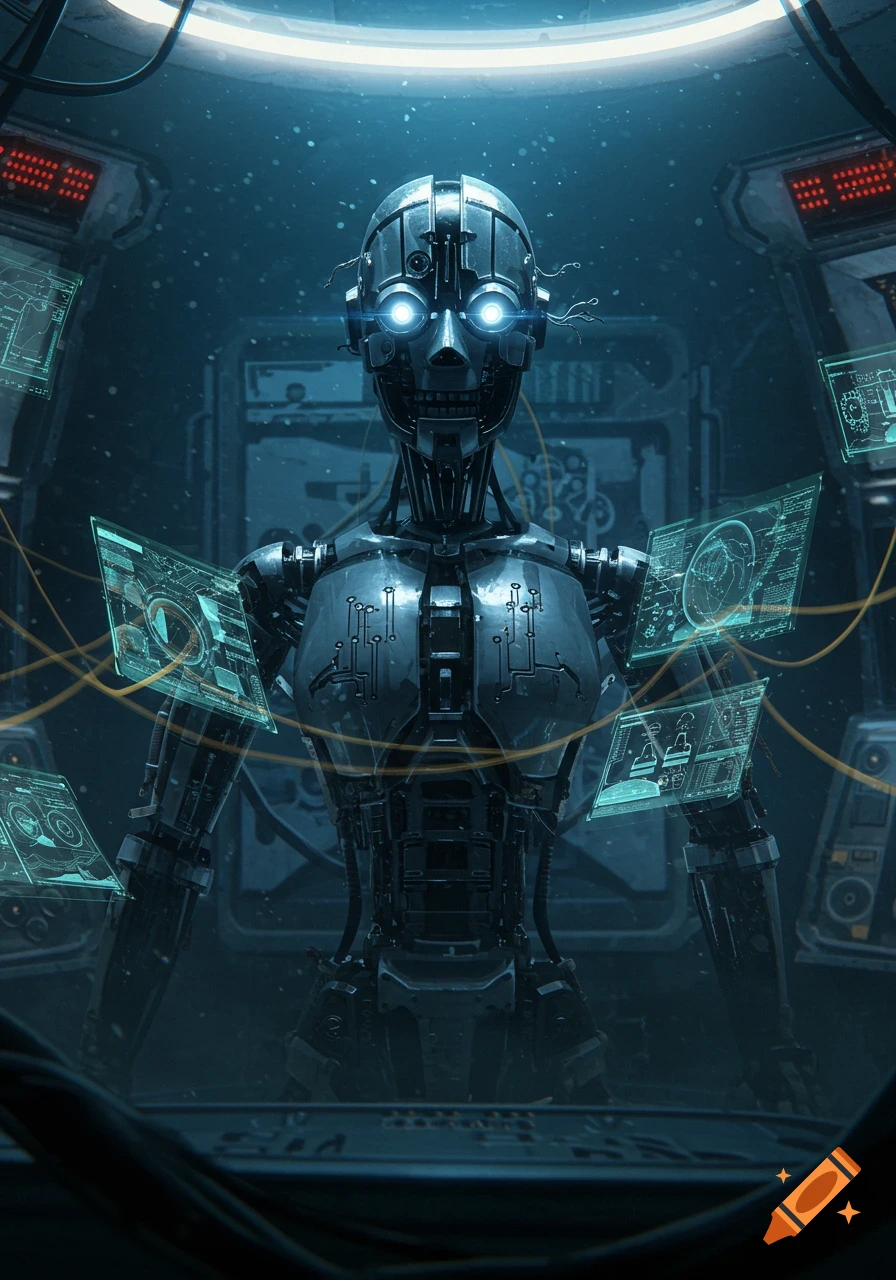 A detailed robotic figure with glowing blue eyes surrounded by multiple holographic screens displaying data in a dark, futuristic laboratory.