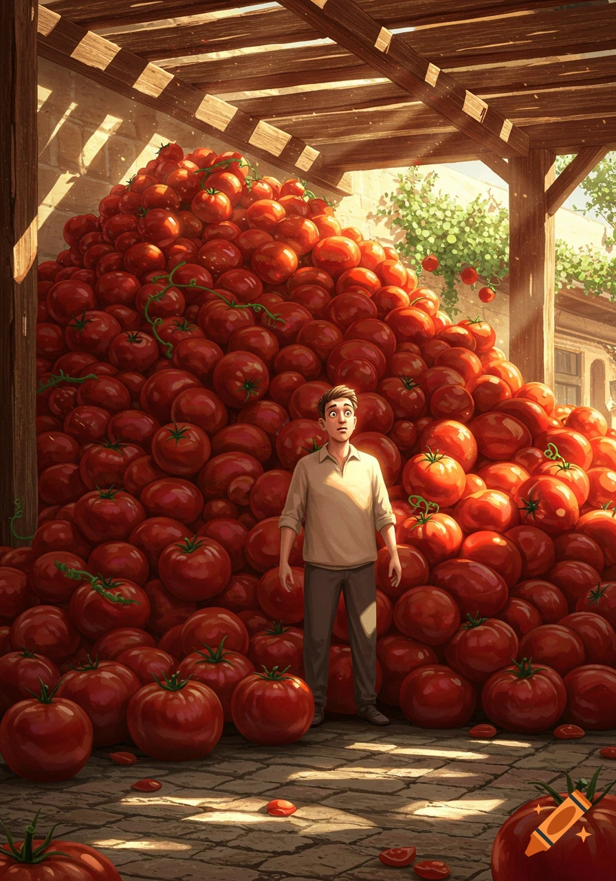 A man stands overwhelmed, looking up at a massive pile of ripe red tomatoes beneath a sunlit wooden pergola.
