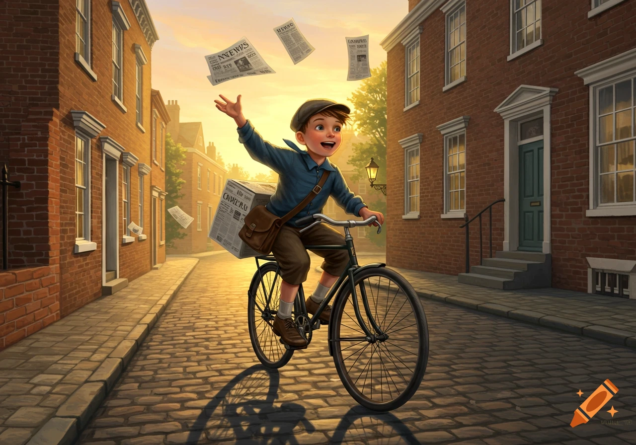 A cheerful boy rides a bicycle on a cobblestone street at sunset, delivering newspapers in an illustrated style.