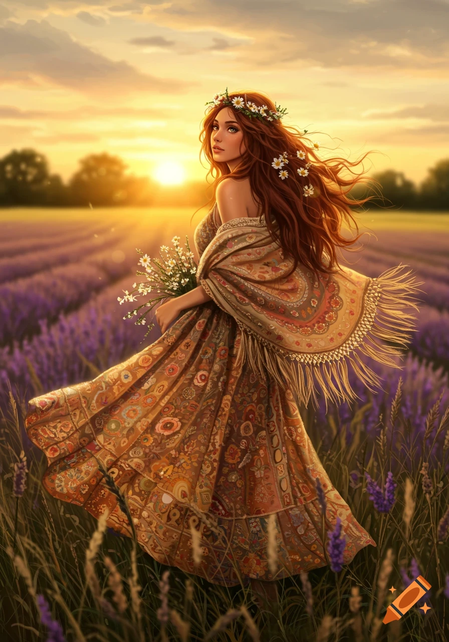 An illustration of a bohemian woman with long red hair and a floral wreath, holding daisies in a lavender field at sunset.