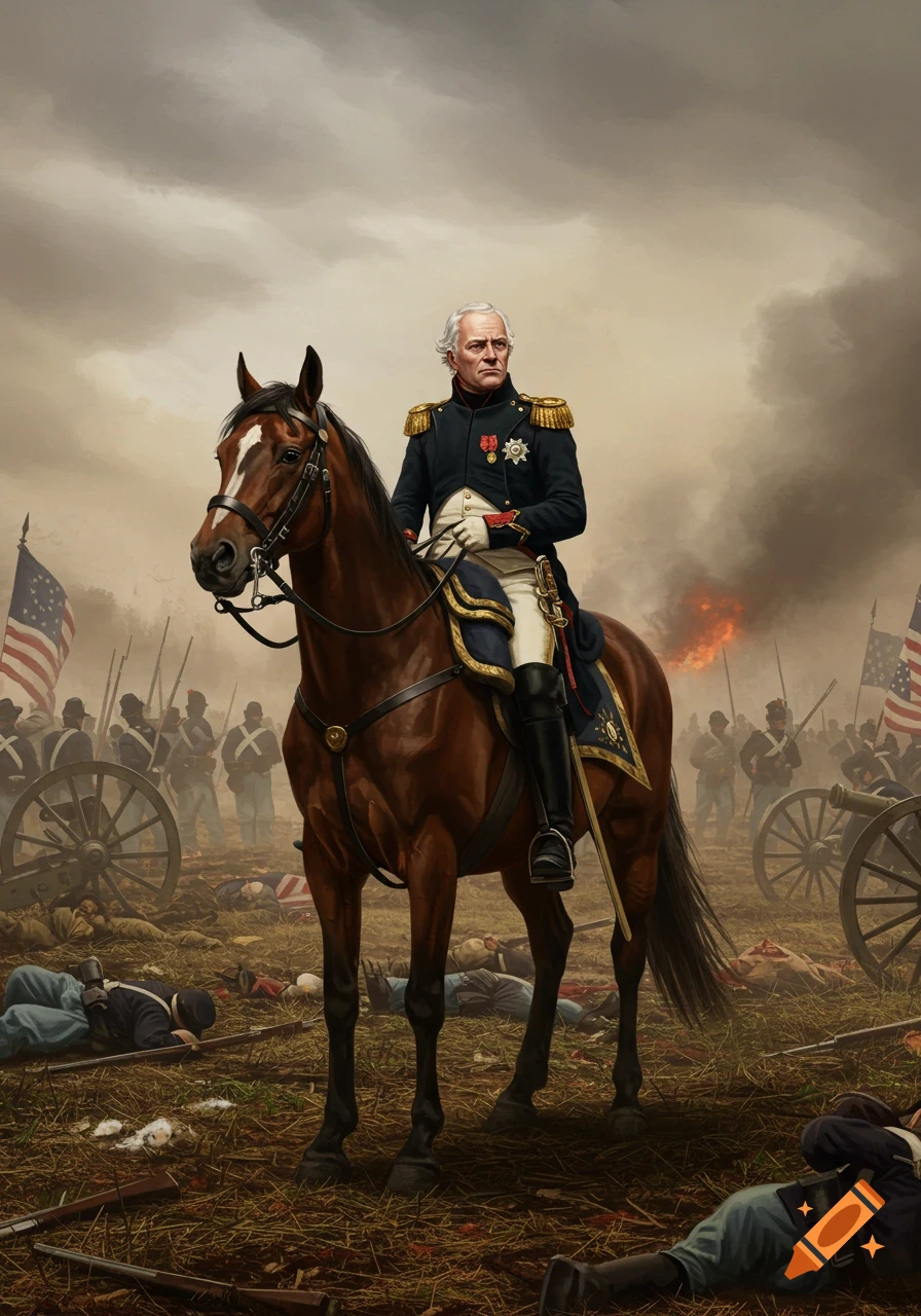 A stoic general on a brown horse overlooks a chaotic battlefield with fallen soldiers, American flags, and smoke in the background, in an illustrative style.
