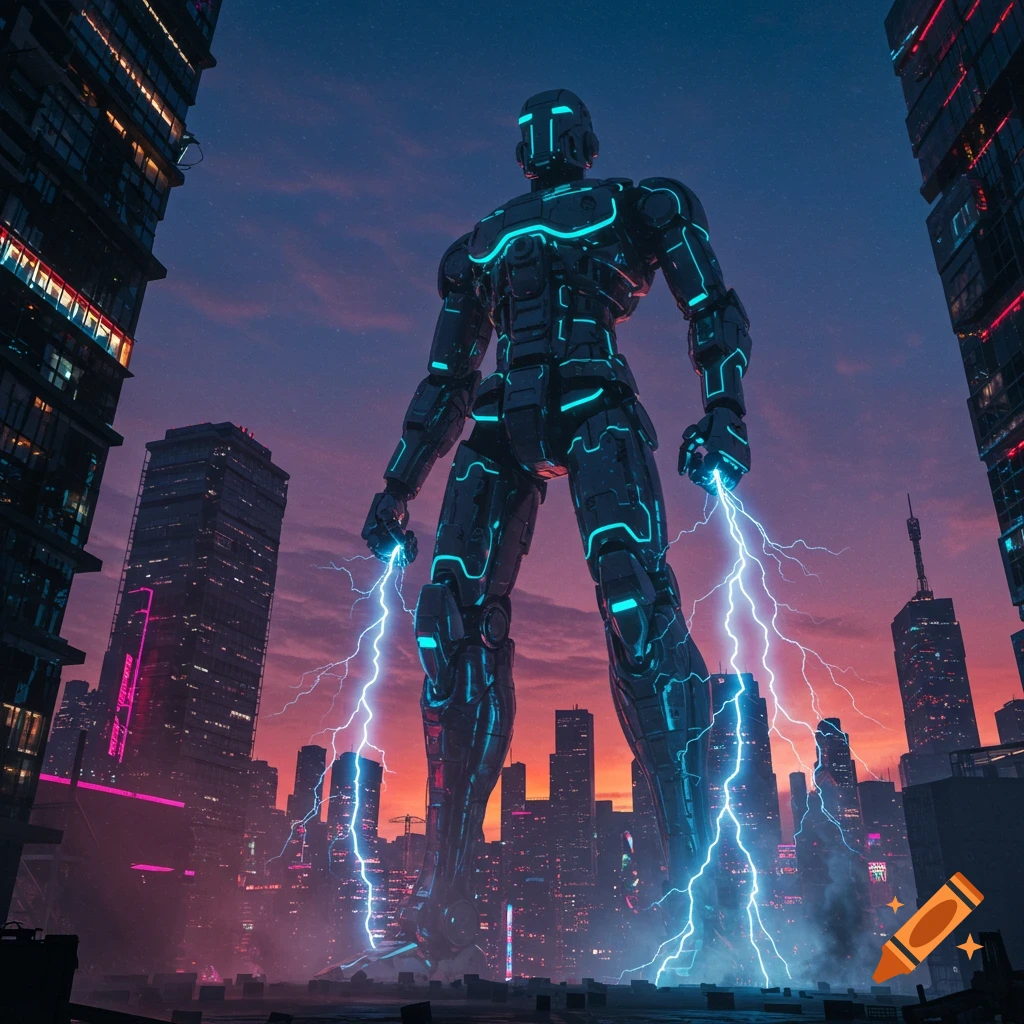 A massive armored robot with glowing blue lines stands in a futuristic city at sunset, holding bolts of lightning.