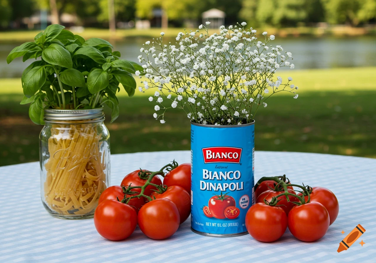 A centerpiece with a blue Bianco DiNapoli can of baby's breath, a mason jar with linguine and basil, and fresh tomatoes on a checkered tablecloth outdoors.