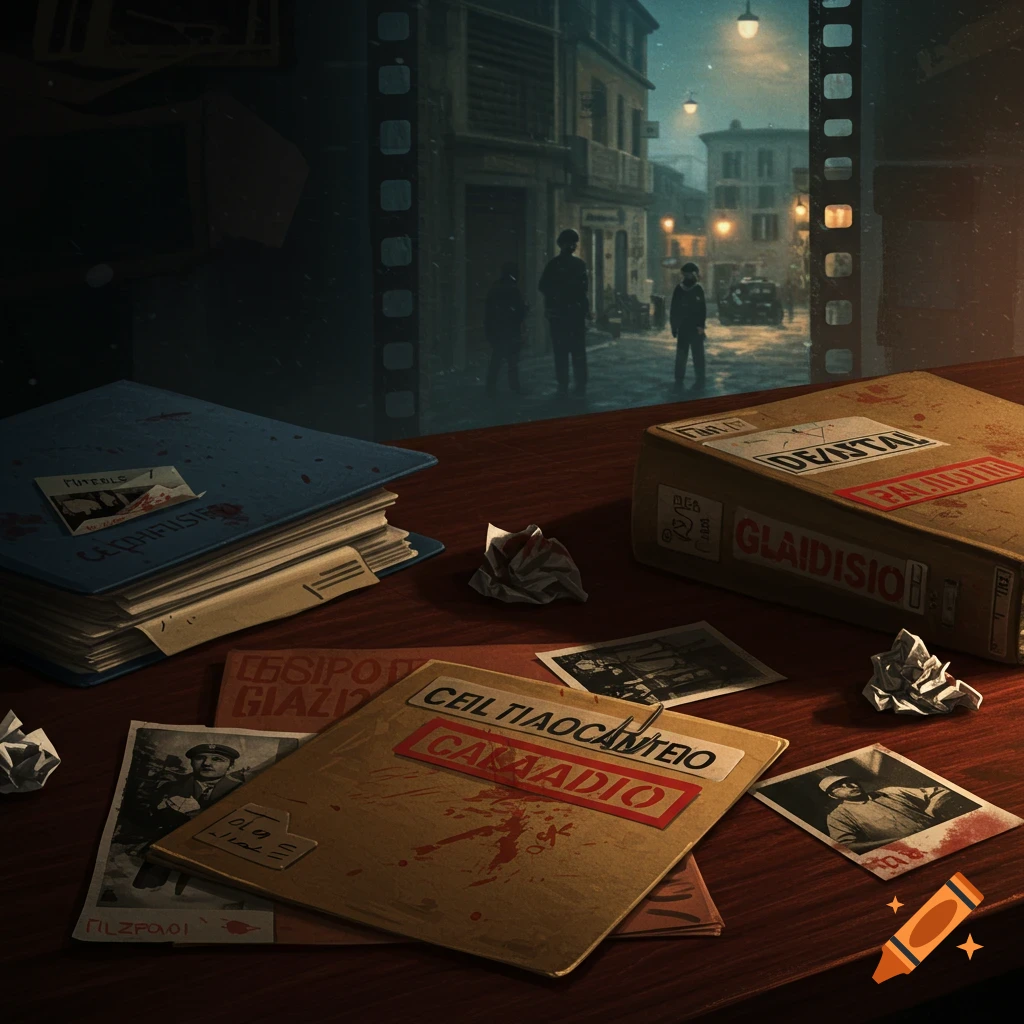 A desk covered with old files, crumpled papers, and black and white photos, illuminated by a window showing a moody, rainy street scene at dusk, in a gritty, neo-noir style.
