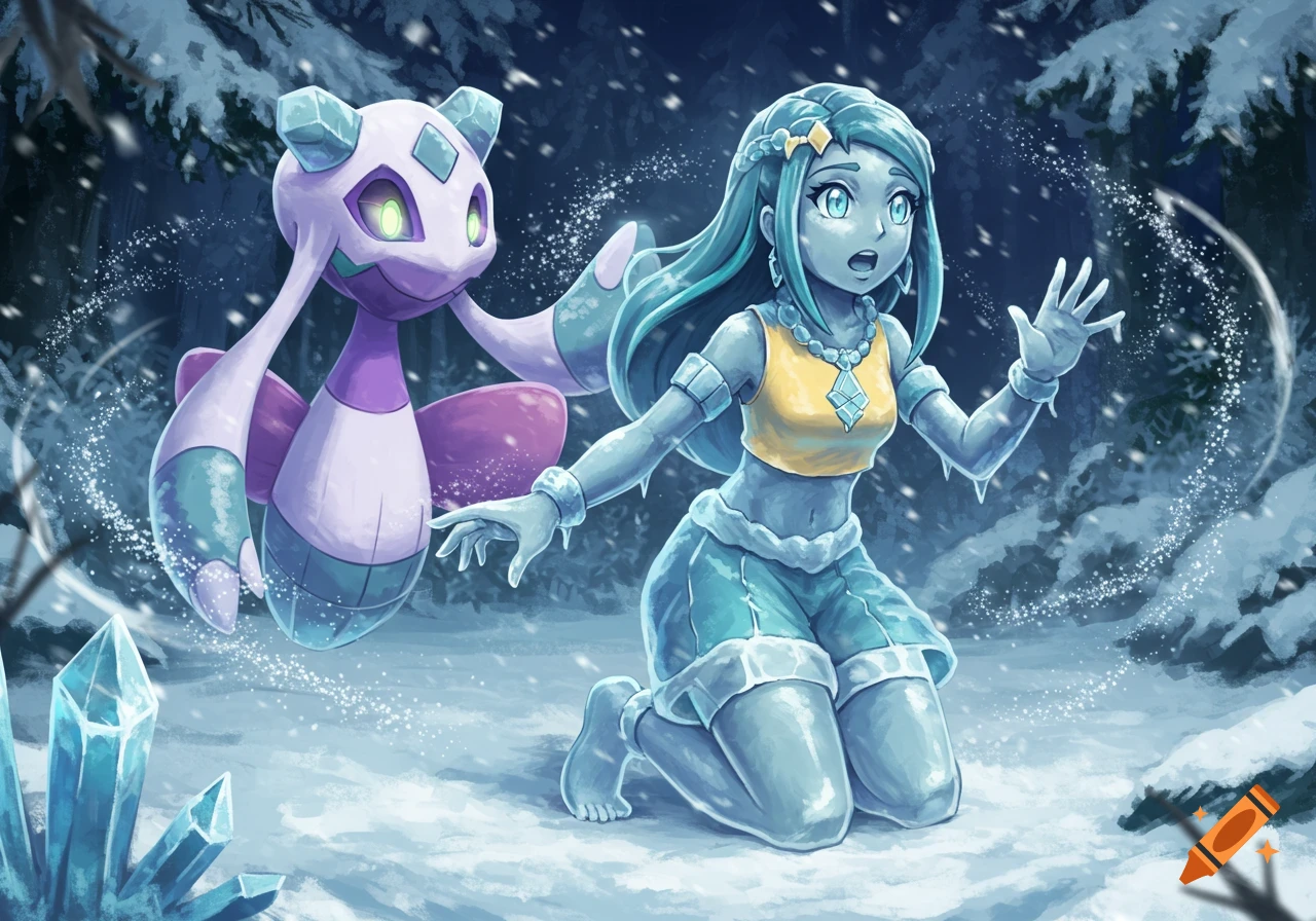 Nessa from Pokémon, turned into an ice statue, kneels surprised in a snowy forest next to Froslass in an anime art style.
