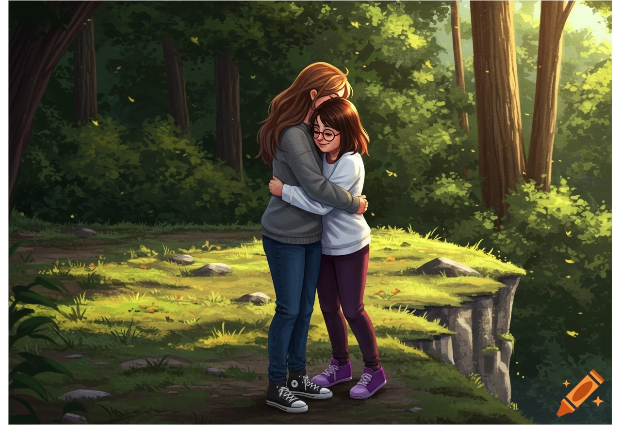 An illustration of two young women embracing in a sunlit forest clearing near a cliff.