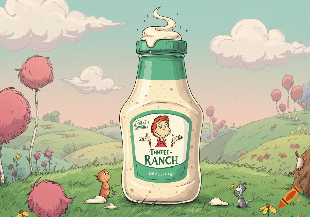 A cartoon Dr. Seuss-style landscape features a giant ranch dressing bottle with a character on its label, surrounded by fuzzy trees and small creatures.