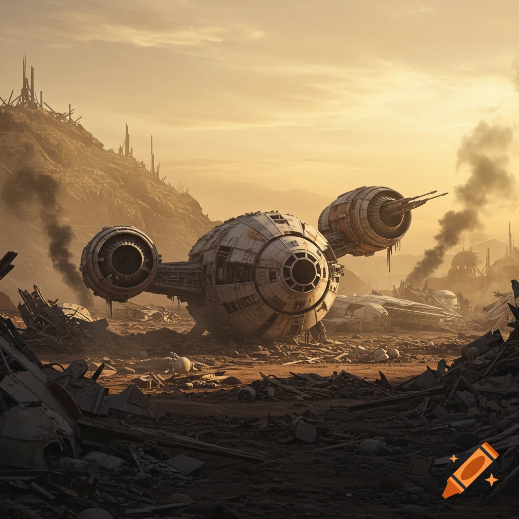 A derelict Star Wars-style freighter rests in a vast, dusty spaceship junkyard with mountains and smoke under an orange sky.