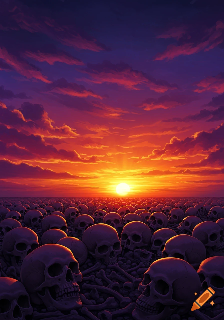 A vast field of human skulls and bones under a dramatic, colorful sunset sky with vibrant orange, red, and purple clouds.