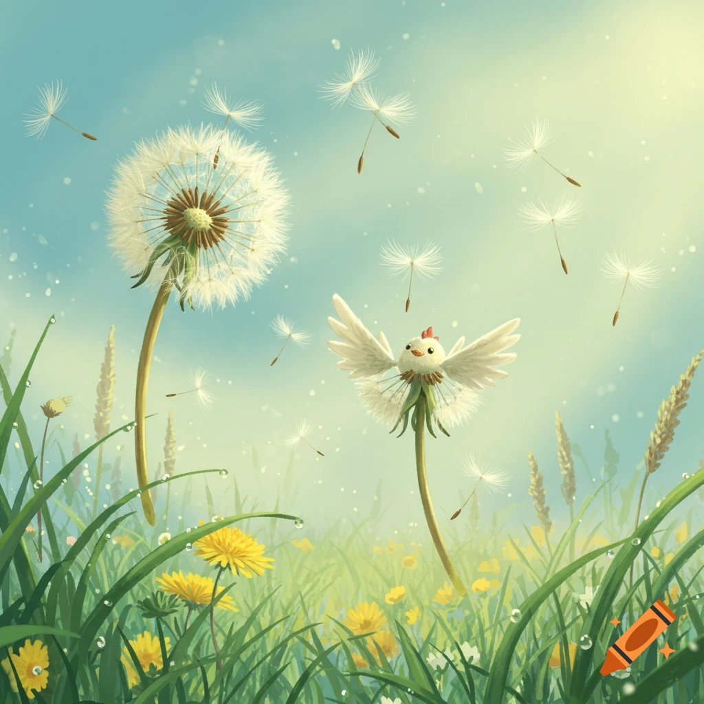 Whimsical Studio Ghibli style illustration of tiny chickens with wings made of dandelion seeds flying in a sunny field.