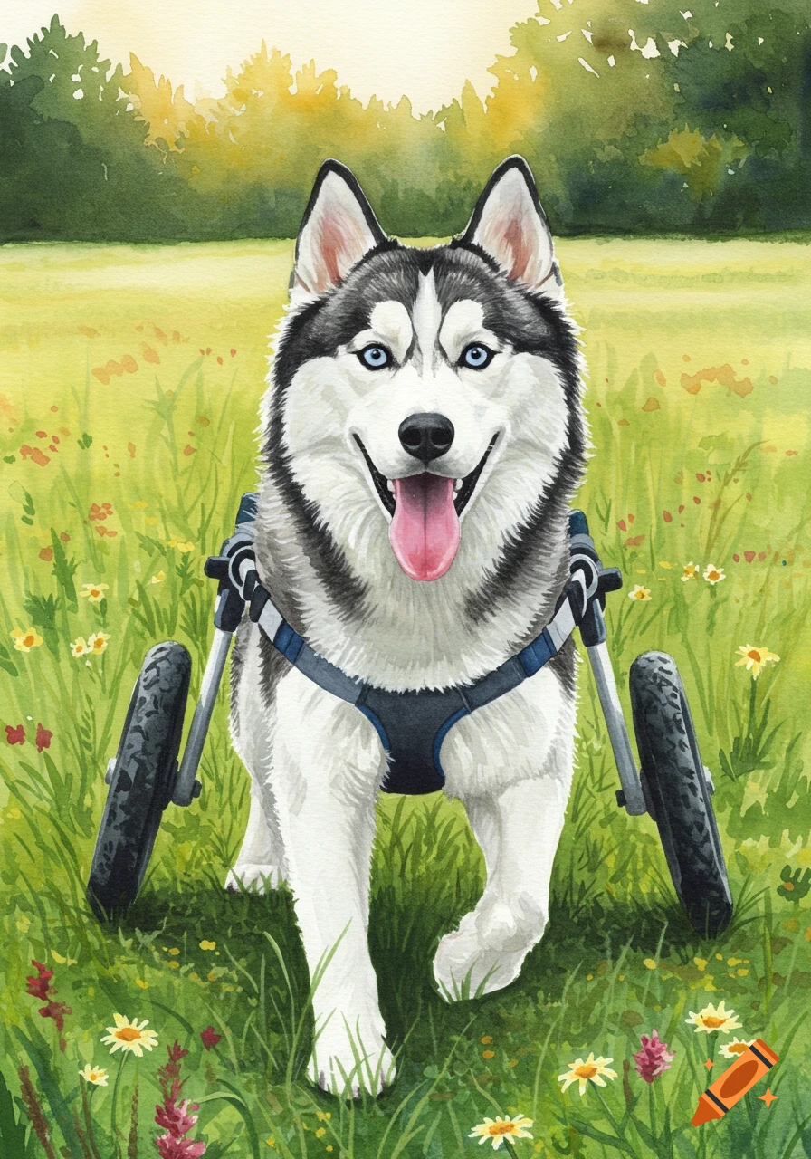 A happy husky dog in a wheelchair stands in a grassy field with wildflowers, painted in a watercolor style.