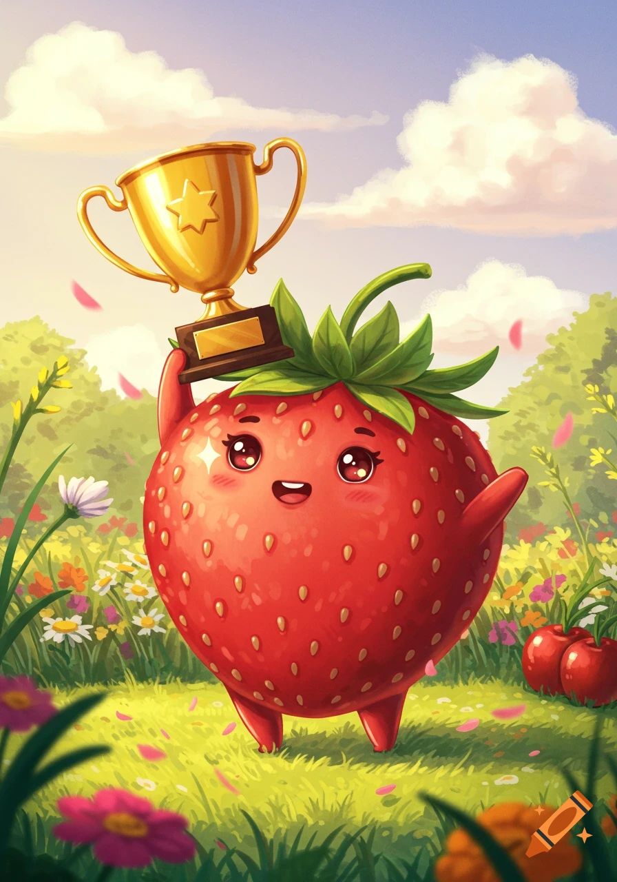 A cute, smiling, round red strawberry cartoon character with small arms and legs, holding a golden trophy above its head, standing in a sunny green field with colorful flowers and pink petals falling around.