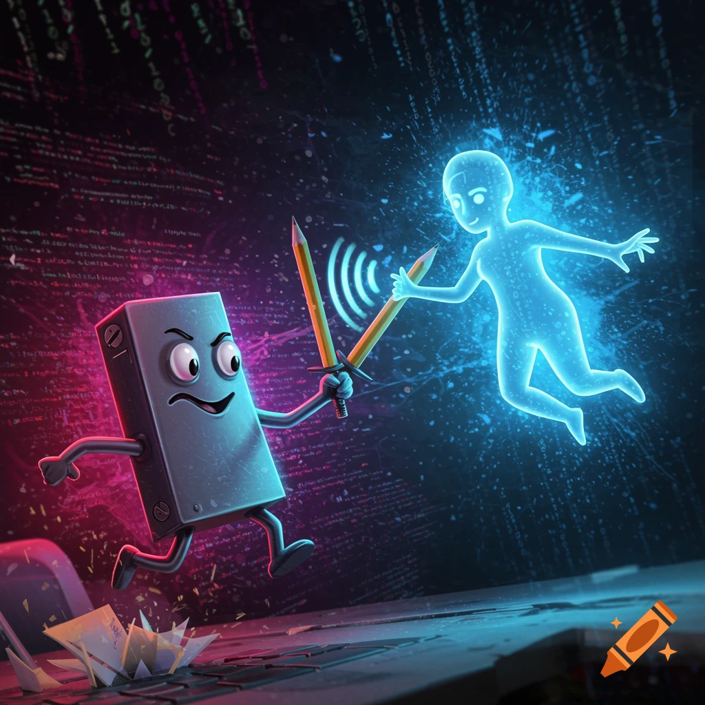 A stylized battle between an angry, blocky computer character wielding pencils like swords and a glowing blue, human-like AI character in a dark, code-filled digital space.