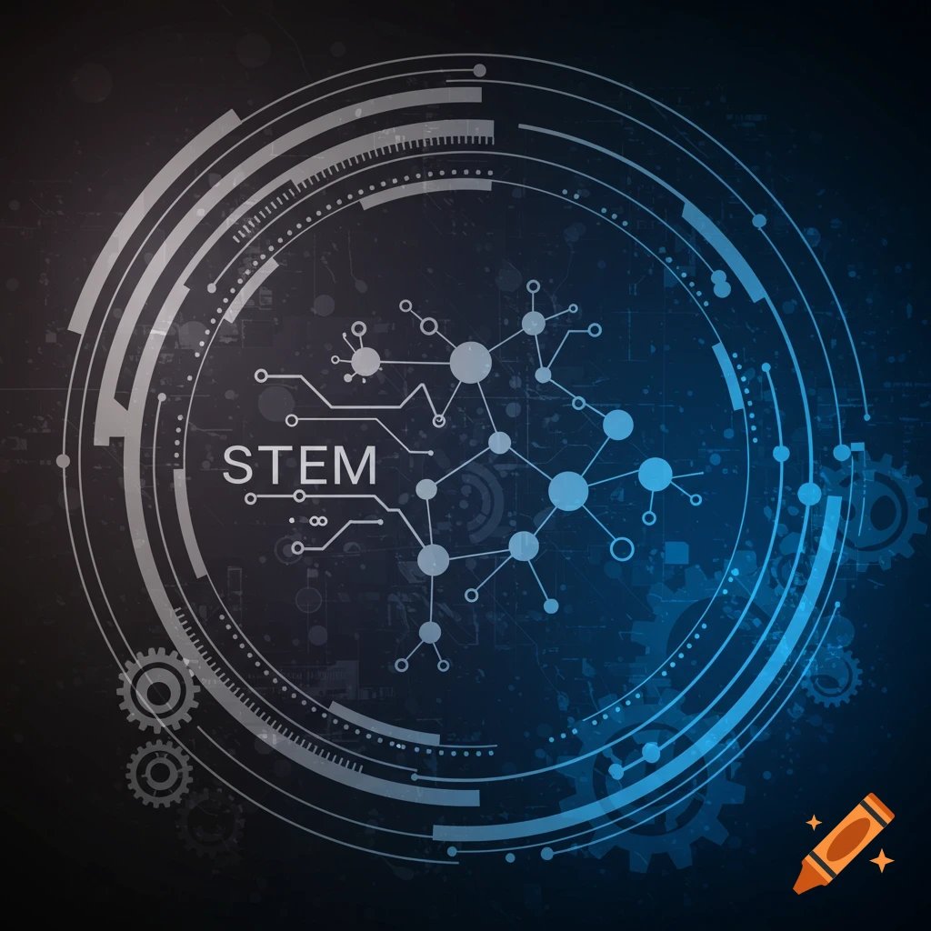 A futuristic, circular design with the word STEM at its center, surrounded by circuit patterns, gears, and abstract technological elements in blue and grey tones.