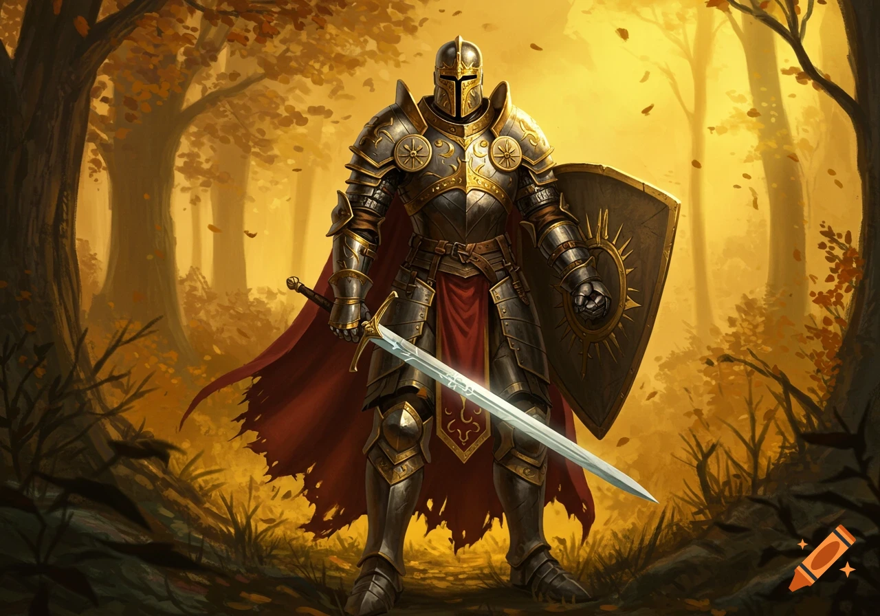 A knight in ornate golden and silver armor stands holding a glowing sword and shield in a vibrant, golden-lit autumn forest.