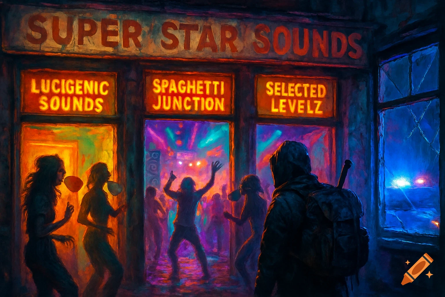 A vibrant, painterly scene of a person outside a bar with glowing signs for 'SUPER STAR SOUNDS' and others, watching people dance inside.