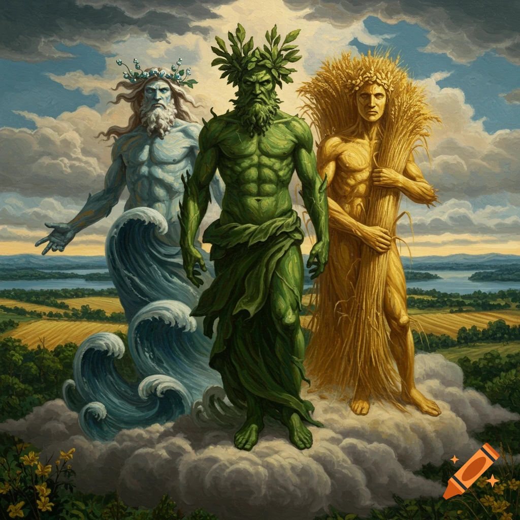 A Renaissance-style painting depicts three male figures representing water, foliage, and wheat, standing on clouds above a landscape.