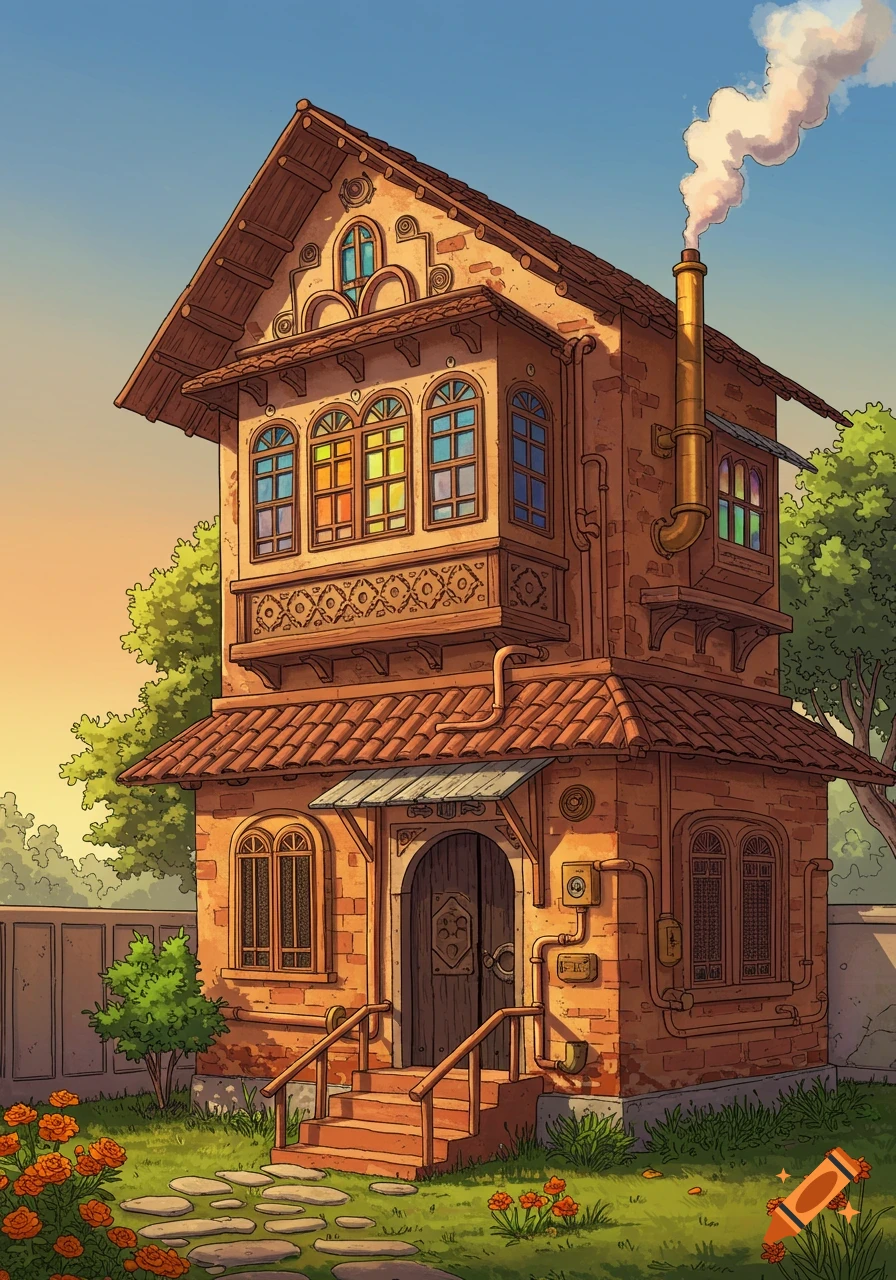 A colorful illustrated steampunk house with a tall chimney, intricate windows, and a garden with orange flowers under a clear sky.