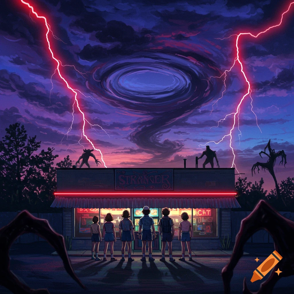 Stylized illustration of children facing a store with 'STRANGER' neon sign under a stormy, purple sky with lightning and silhouetted monsters.