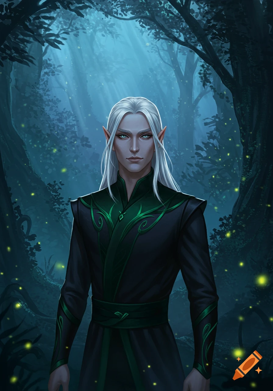A portrait of a male elf with long white hair and pointed ears, wearing a dark robe with green intricate patterns, standing in a moonlit forest with glowing fireflies.